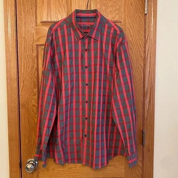 Tasso Elba Men's Long Sleeve Red Gray Checkered Button-Up Shirt XXL 18-18.5 - Picture 1 of 7